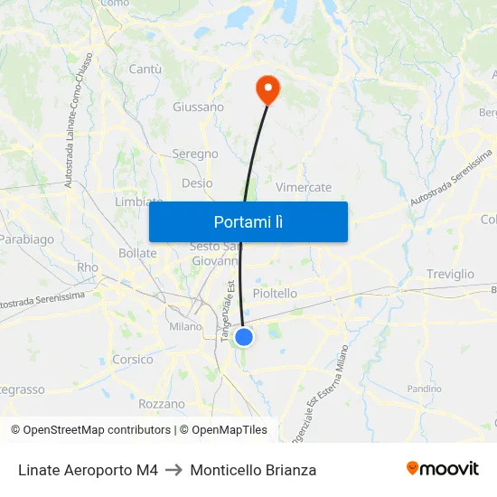 Linate Aeroporto M4 to Monticello Brianza map