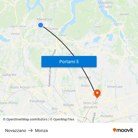Novazzano to Monza map
