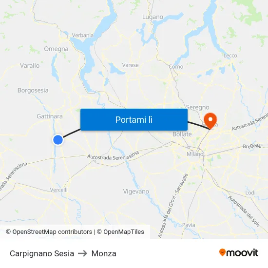 Carpignano Sesia to Monza map