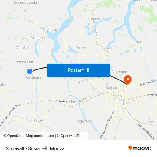 Serravalle Sesia to Monza map