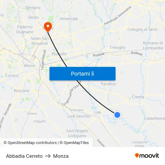 Abbadia Cerreto to Monza map