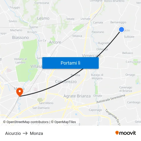 Aicurzio to Monza map
