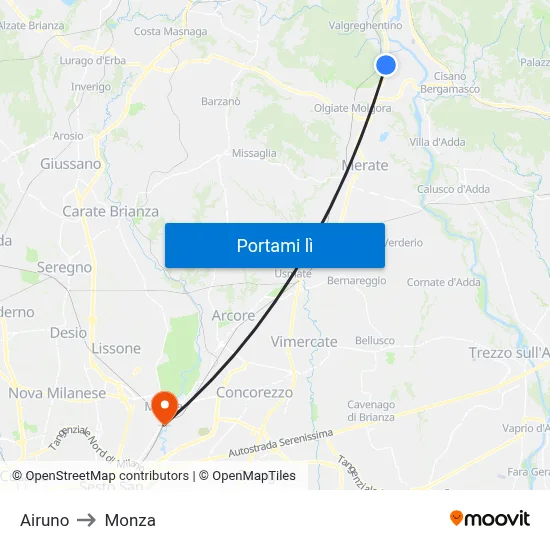 Airuno to Monza map