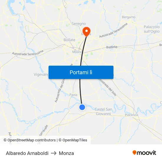 Albaredo Arnaboldi to Monza map