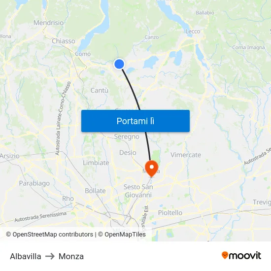 Albavilla to Monza map