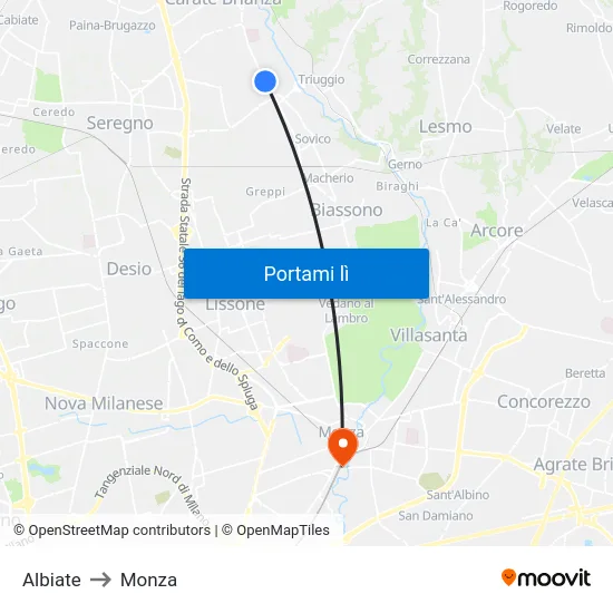 Albiate to Monza map