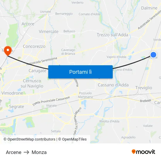 Arcene to Monza map