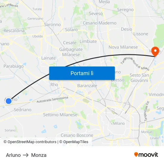 Arluno to Monza map