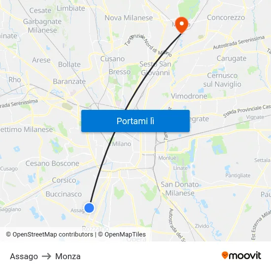 Assago to Monza map