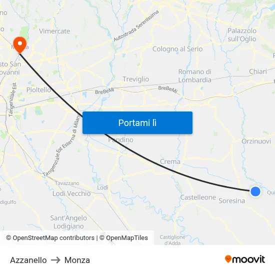 Azzanello to Monza map