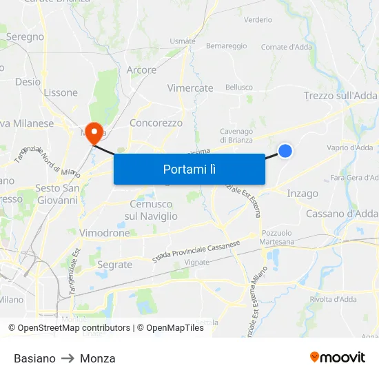 Basiano to Monza map