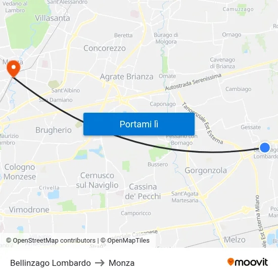 Bellinzago Lombardo to Monza map