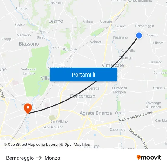 Bernareggio to Monza map