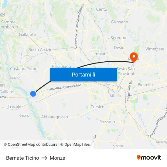 Bernate Ticino to Monza map