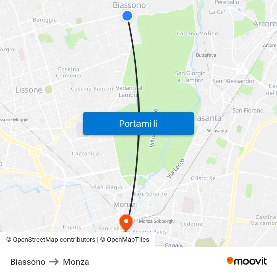 Biassono to Monza map