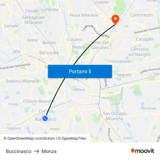 Buccinasco to Monza map