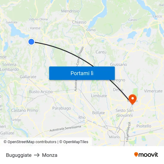 Buguggiate to Monza map