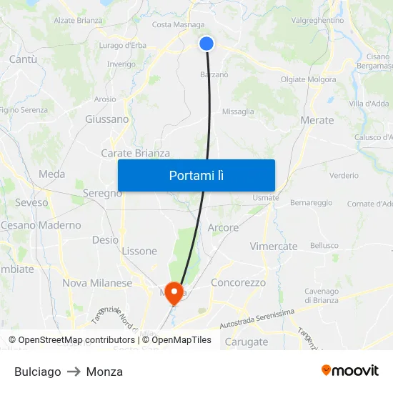 Bulciago to Monza map