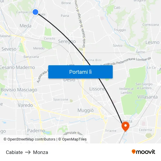 Cabiate to Monza map