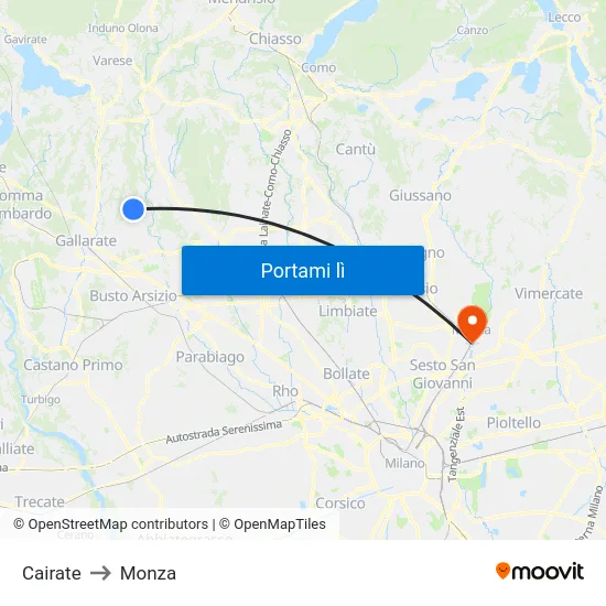 Cairate to Monza map