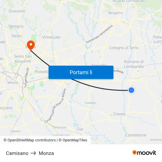 Camisano to Monza map