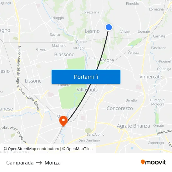 Camparada to Monza map