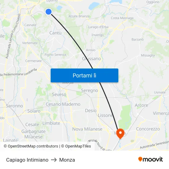 Capiago Intimiano to Monza map