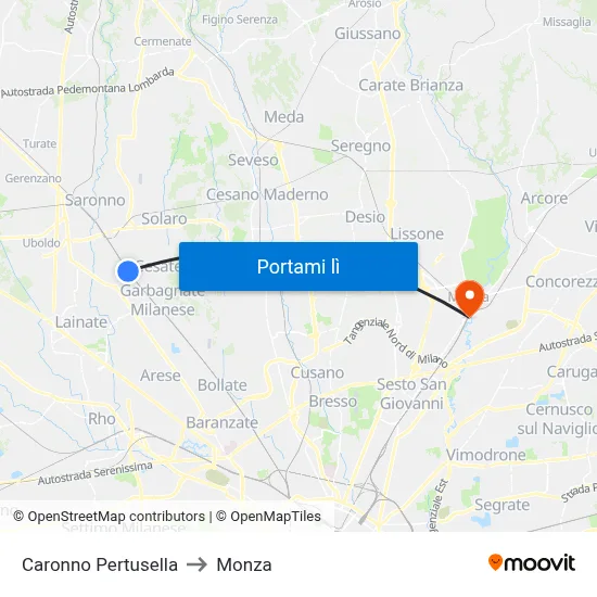 Caronno Pertusella to Monza map