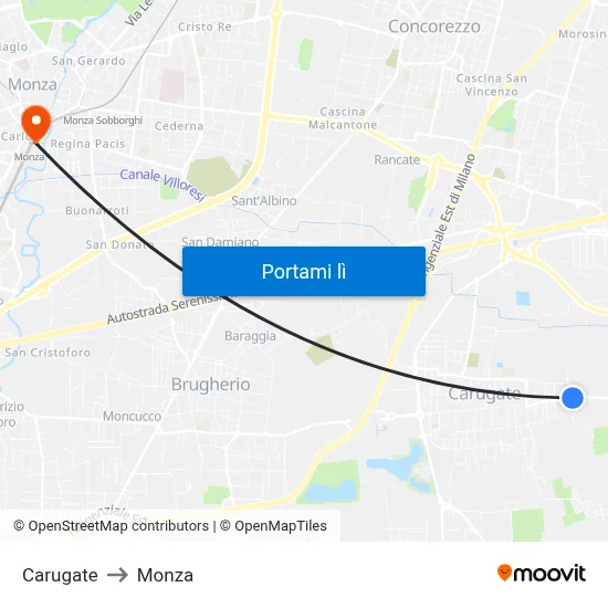Carugate to Monza map