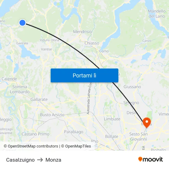 Casalzuigno to Monza map