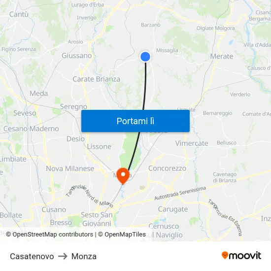 Casatenovo to Monza map