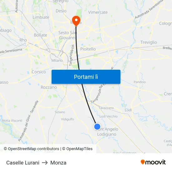 Caselle Lurani to Monza map