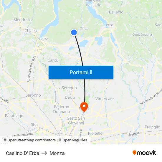 Caslino D' Erba to Monza map