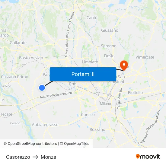 Casorezzo to Monza map