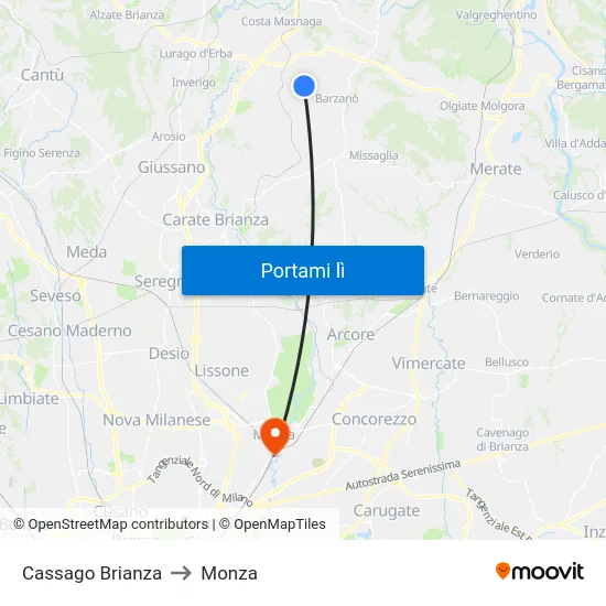 Cassago Brianza to Monza map