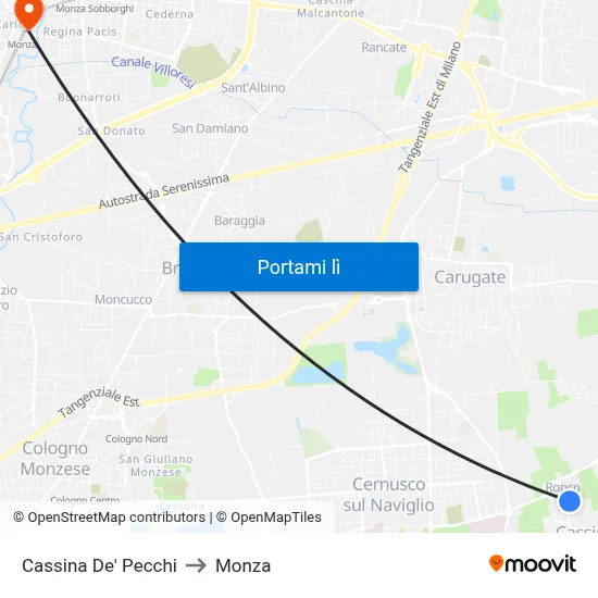 Cassina De' Pecchi to Monza map
