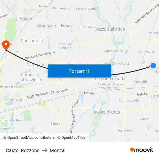 Castel Rozzone to Monza map