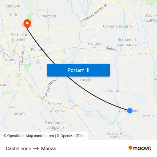 Castelleone to Monza map
