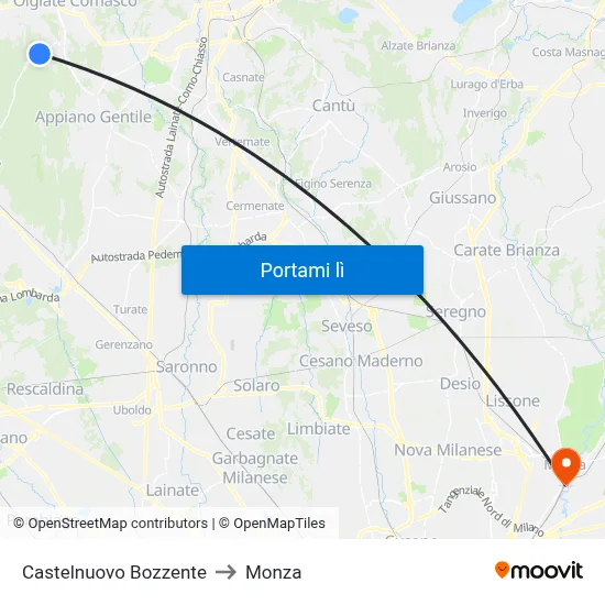 Castelnuovo Bozzente to Monza map