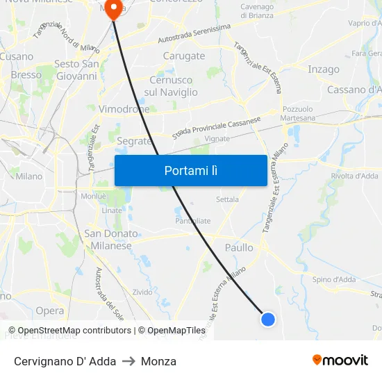 Cervignano D' Adda to Monza map