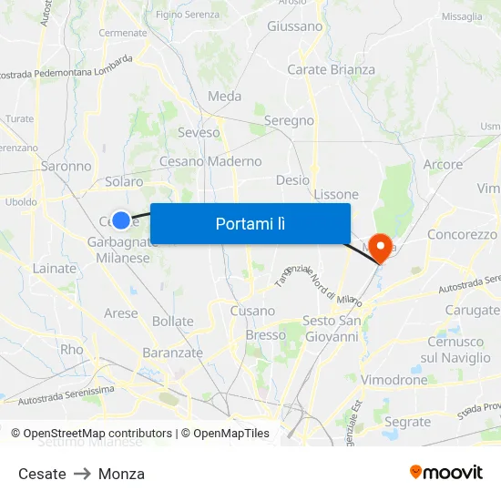 Cesate to Monza map