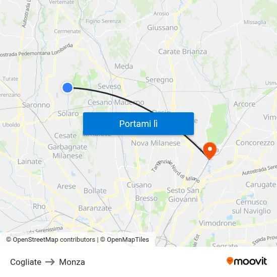 Cogliate to Monza map