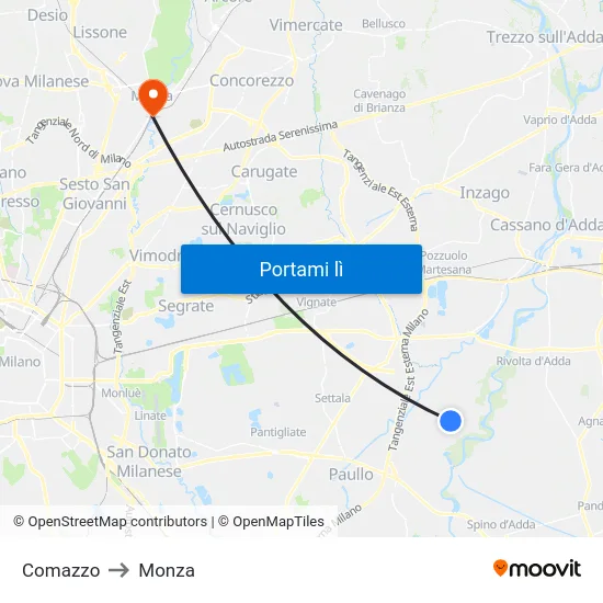 Comazzo to Monza map