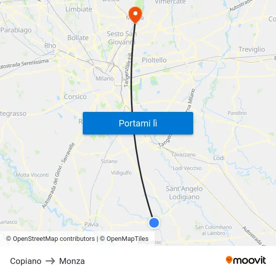 Copiano to Monza map
