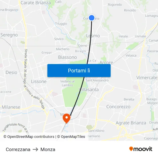Correzzana to Monza map