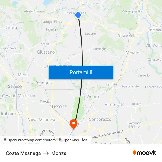 Costa Masnaga to Monza map