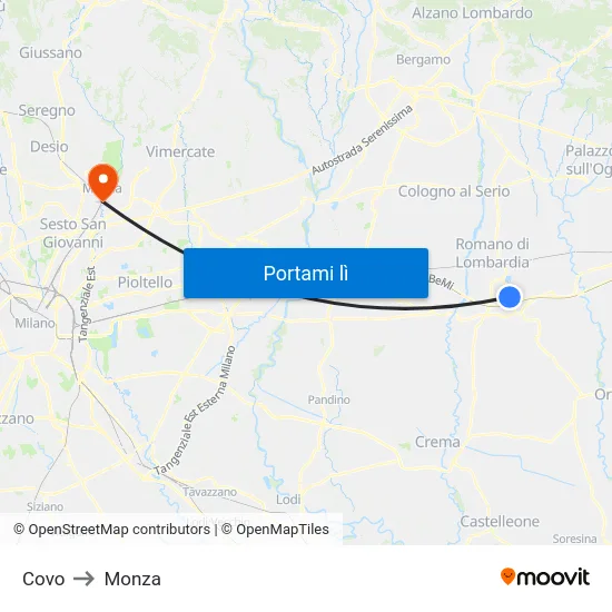 Covo to Monza map