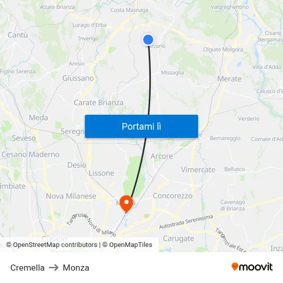 Cremella to Monza map