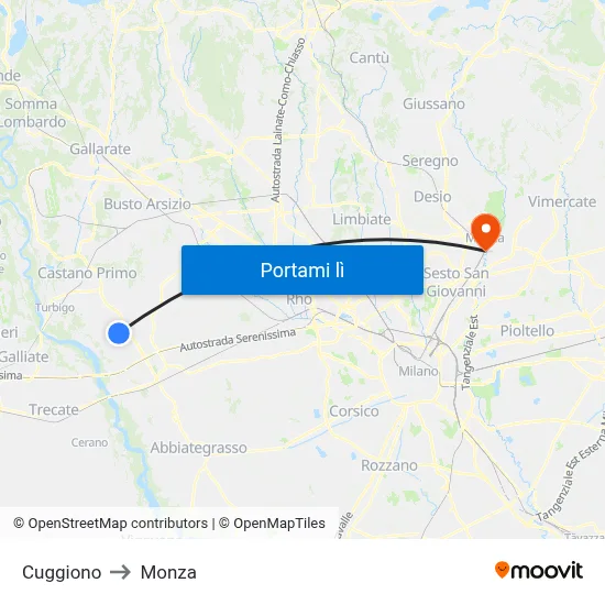 Cuggiono to Monza map