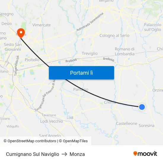 Cumignano Sul Naviglio to Monza map